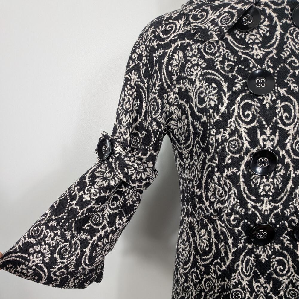 Retro Floral Peacoat Jacket L Black White Twee Glam Lady Bell Sleeve Coat Y2K - Picture 4 of 12
